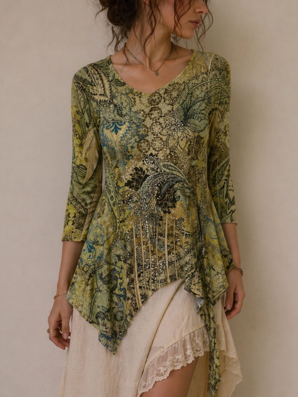 Y2K Fairy Grunge Asymmetric Handkerchief Hem Tunic Top‎ Small Rhinestones